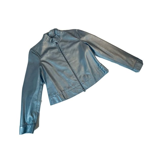 NINE WEST Women's Silver Real Leather Full Zip up Jacket Size 10 - Picture 8 of 10